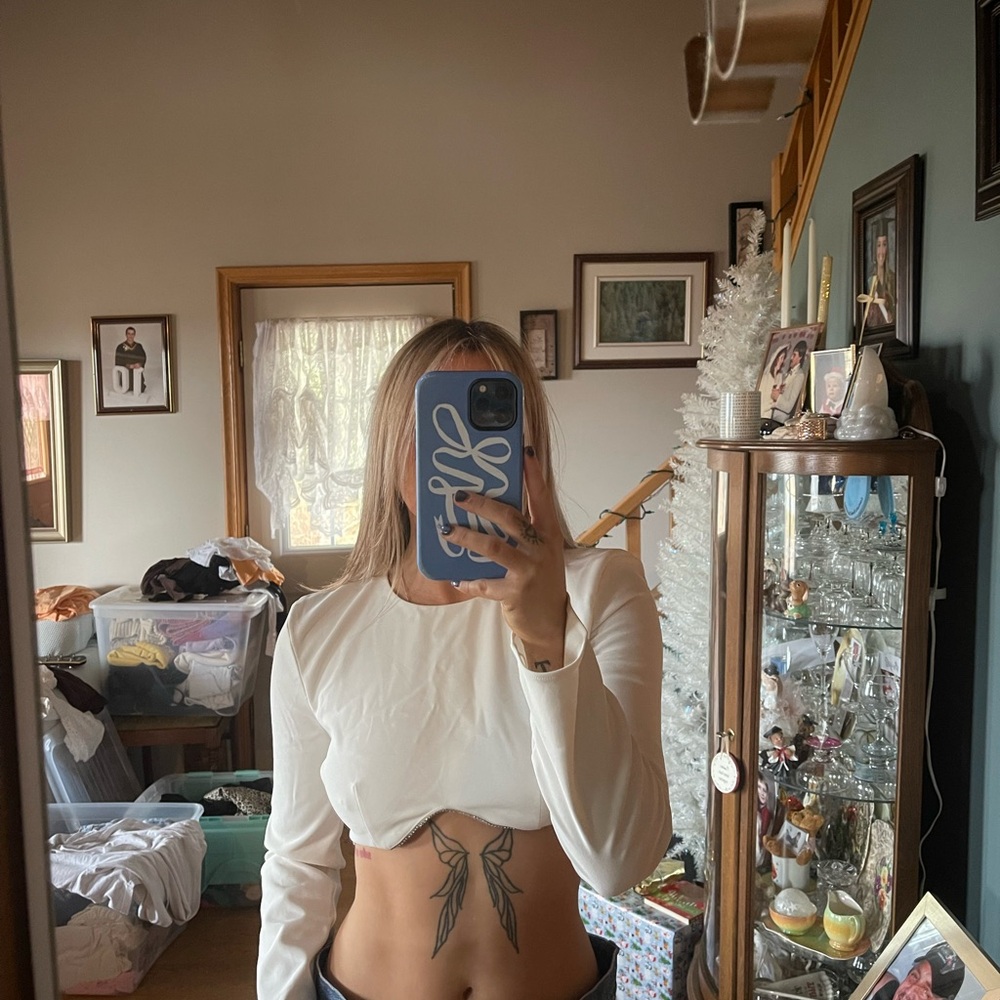 ZARA White Long Sleeve Jewelled Crop Top